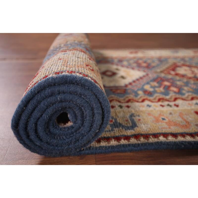 Blue Geometric Khotan Oriental Runner Rug Hand-Knotted Wool Carpet - 2'7"x 11'9"