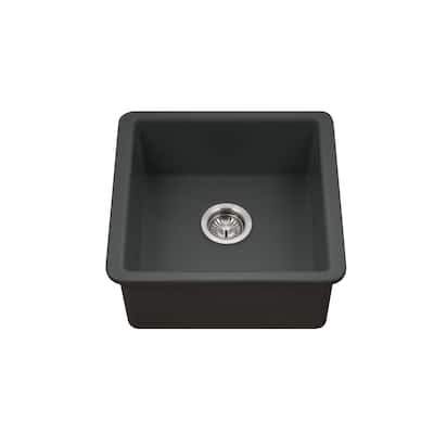 Houzer Platus 20" Biscuit Fireclay Undermount Square Single Bowl Bar Sink w/ Basket Strainer, Basin Grid Included