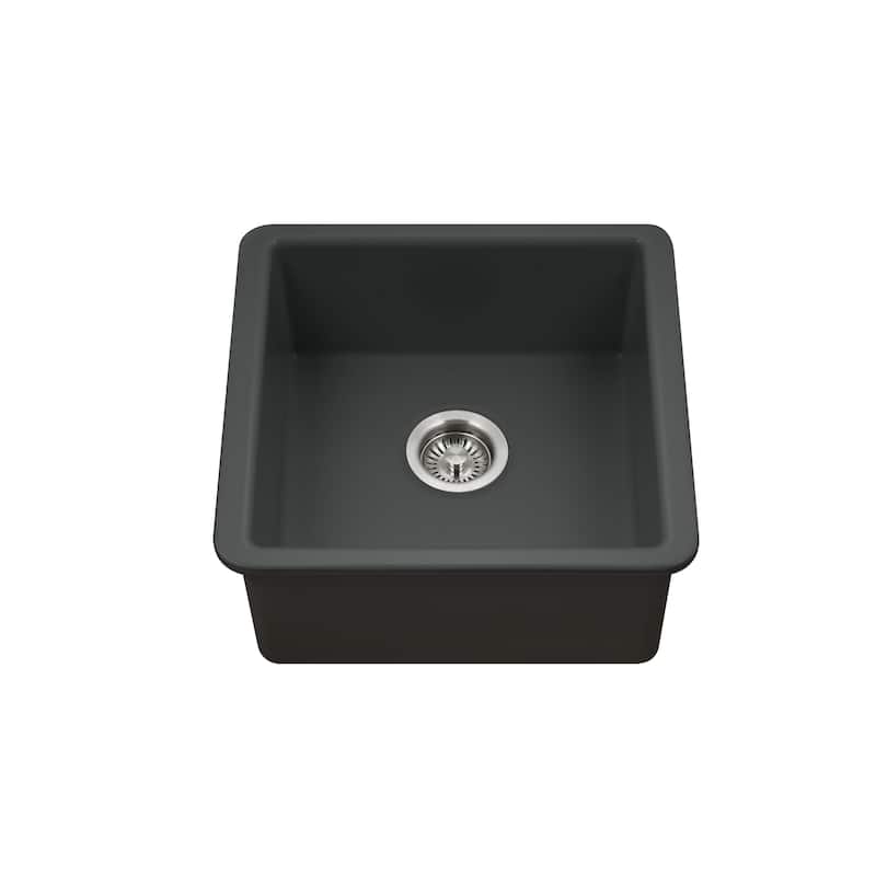 Houzer Platus 20" Black Fireclay Undermount Square Single Bowl Bar Sink w/ Basket Strainer, Basin Grid Included