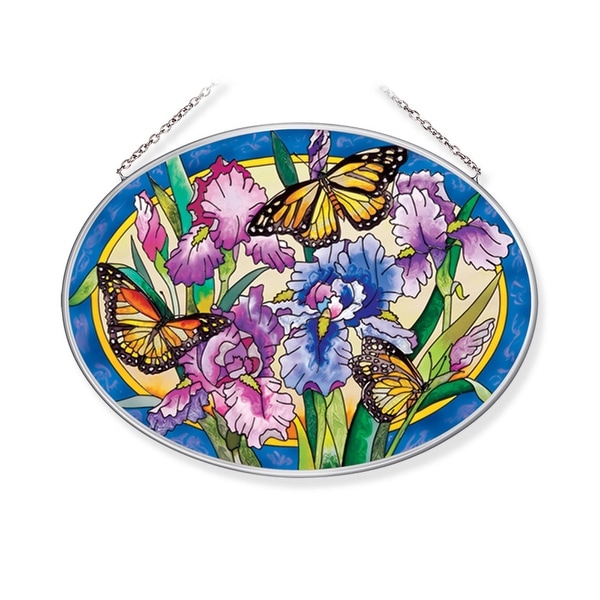 Purple and Yellow Iris with Butterfly Oval Glass Wall Art Decor 6.75" x 9.25" - N/A