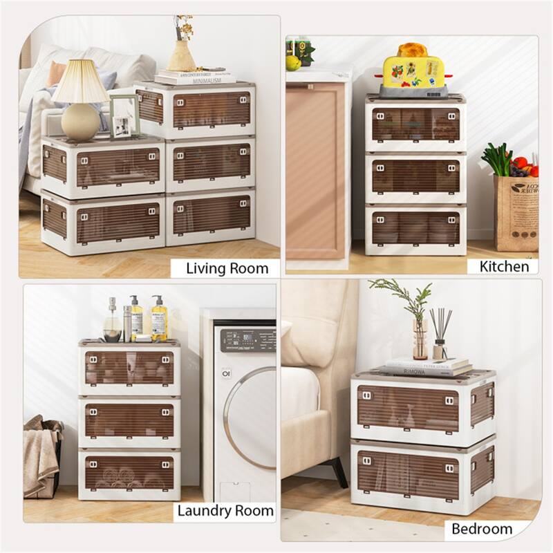 Cream White-Clear Brown Foldable Storage Bins 3-Pack with Wheels