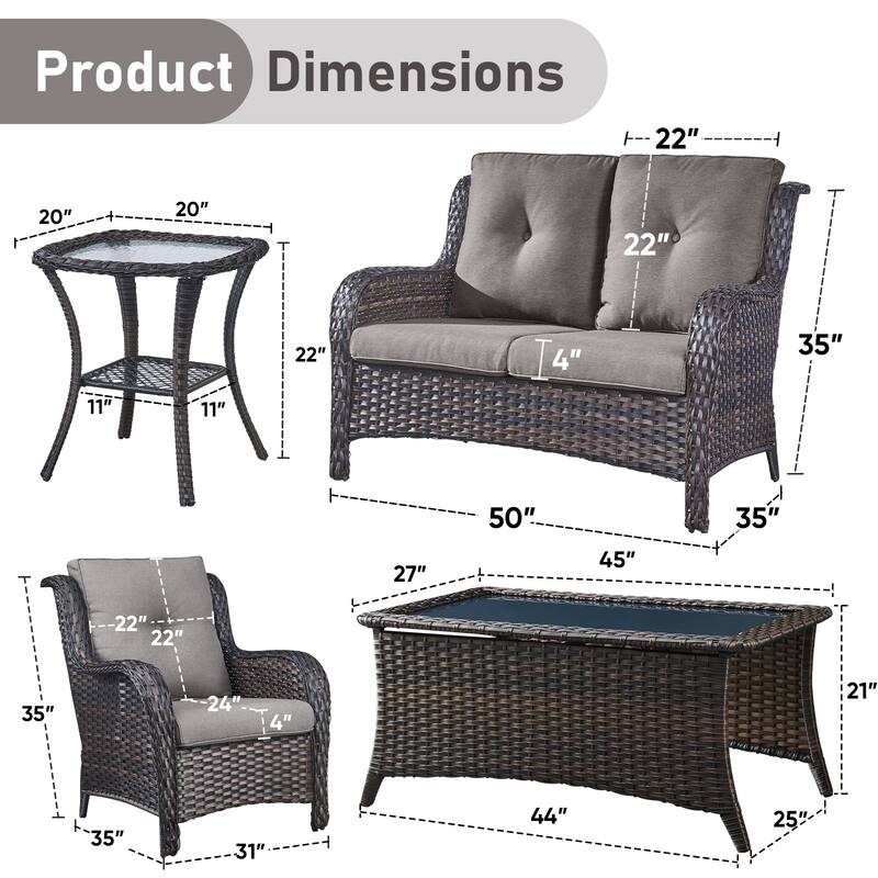 Pocassy 5 Pieces Outdoor Patio 2-Seat Sofa Chairs with Coffee Table