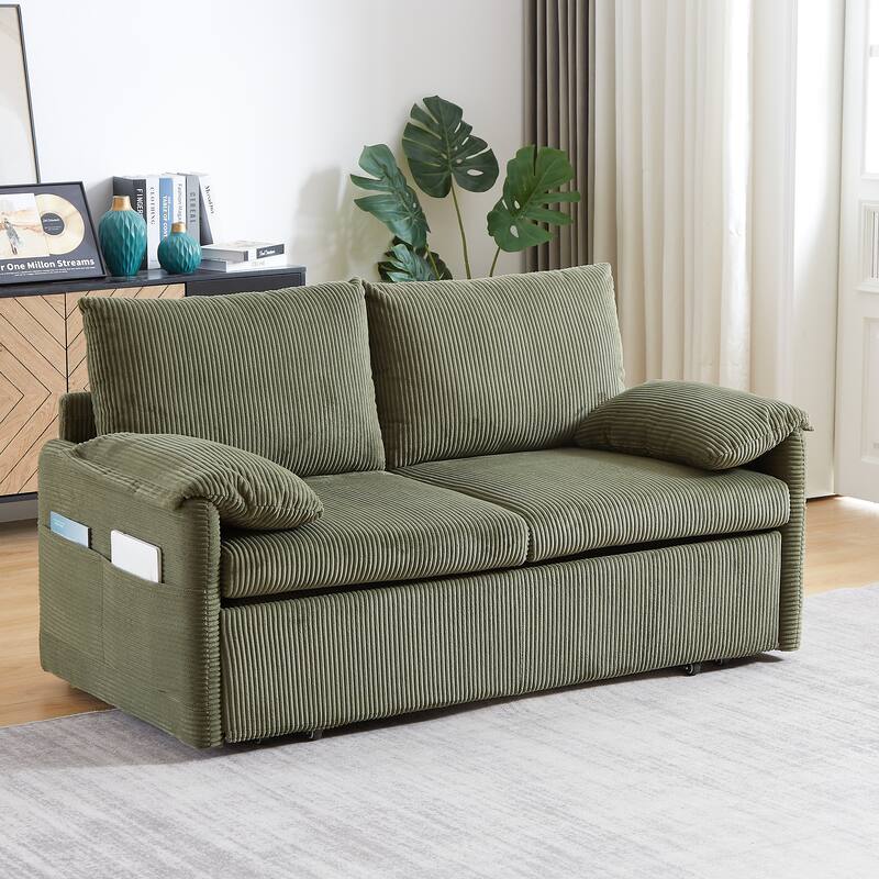 3-in-1 Adjustable Sleeper Sofa Bed Corduroy Loveseat Couch with 2 Back Pillows, Detachable Armrest Pillows and Side Pockets