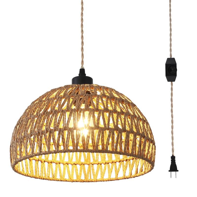 Plug in Handwoven Hemp Rope Lampshade Pendant Light with On/Off Switch