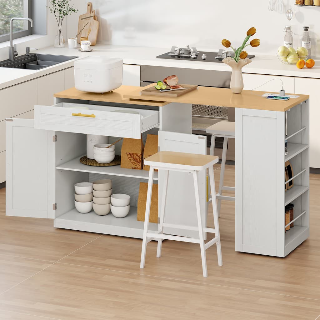 Moasis 67 inch Kitchen Island with Seating and Extendable Dining Table & Power Outlet