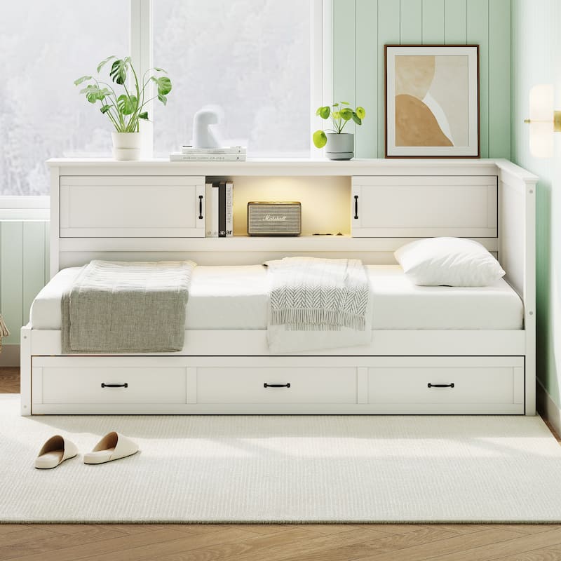 Full Size Daybed Frame Platform Daybed with Storage Bookcase Headboard & 3 Drawers, Recessed Led Downlight & Charging Station