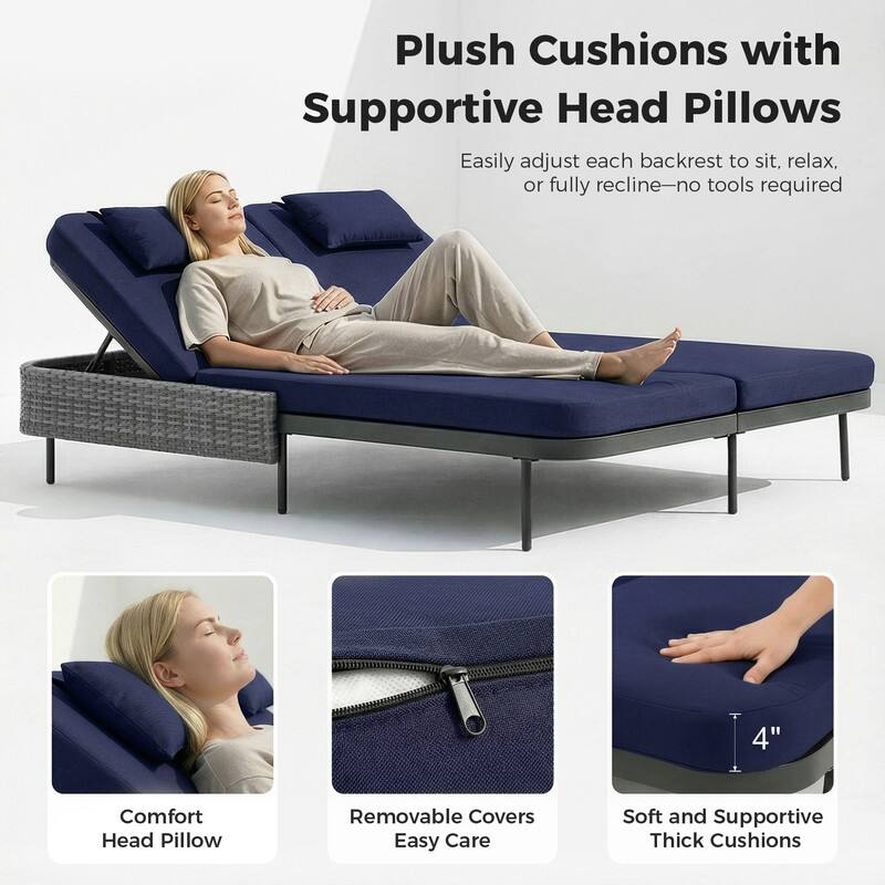 2-Person Outdoor Double Chaise Lounge, Wicker Patio Reclining Daybed with 6-Position Backrests, 4" Cushions, 800 lb Capacity