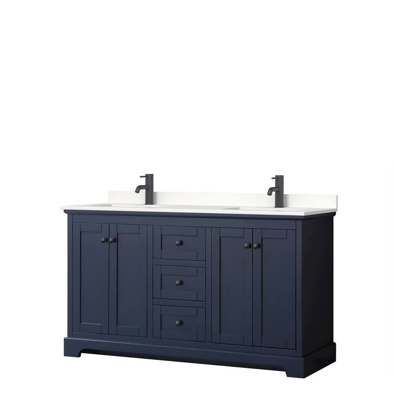 Avery 60-inch Double Vanity, Quartz Top - Dark Blue, Black Trim, White Quartz Top
