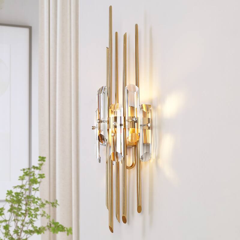 Modern Gold Crystal 1-Light Wall Sconce Bathroom Vanity Light - W 6.3" x L 23.6" x H 5.1"