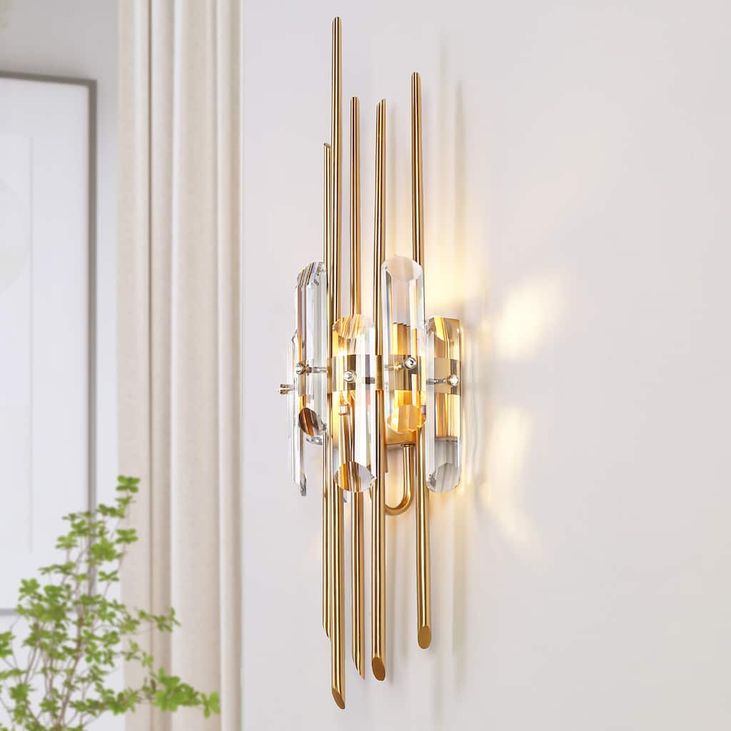 Modern Gold Crystal 1-Light Wall Sconce Bathroom Vanity Light - W 6.3" x L 23.6" x H 5.1"