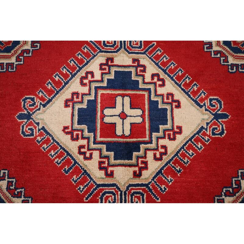 Geometric Kazak Rug Hand-Knotted Bedroom Red Wool Carpet - 5'9" x 7'7"