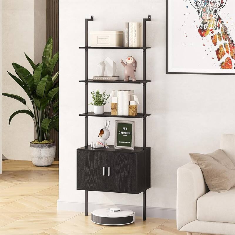 Ladder Bookshef with Cabinet Wall Mounted Bookcases - 13.8"D x 23.6"W x 72.8"H - Black