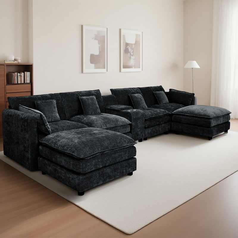 GDFStudio - Rei American Design 144" U-Shaped Comfy Fluffy Chenille Modular Sofa with Movable Ottoman & Storage