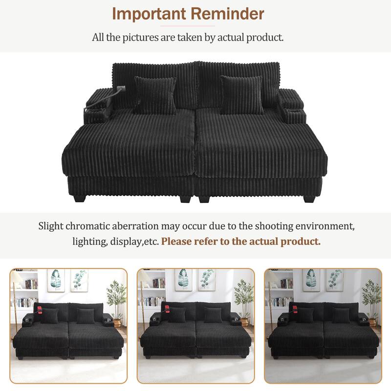 Corduroy Chaise Lounge Sofa Loveseat Sleeper Sofa with Adjustable Backrest, Cup Holders, Phone Holder and Dual Storage Armrest