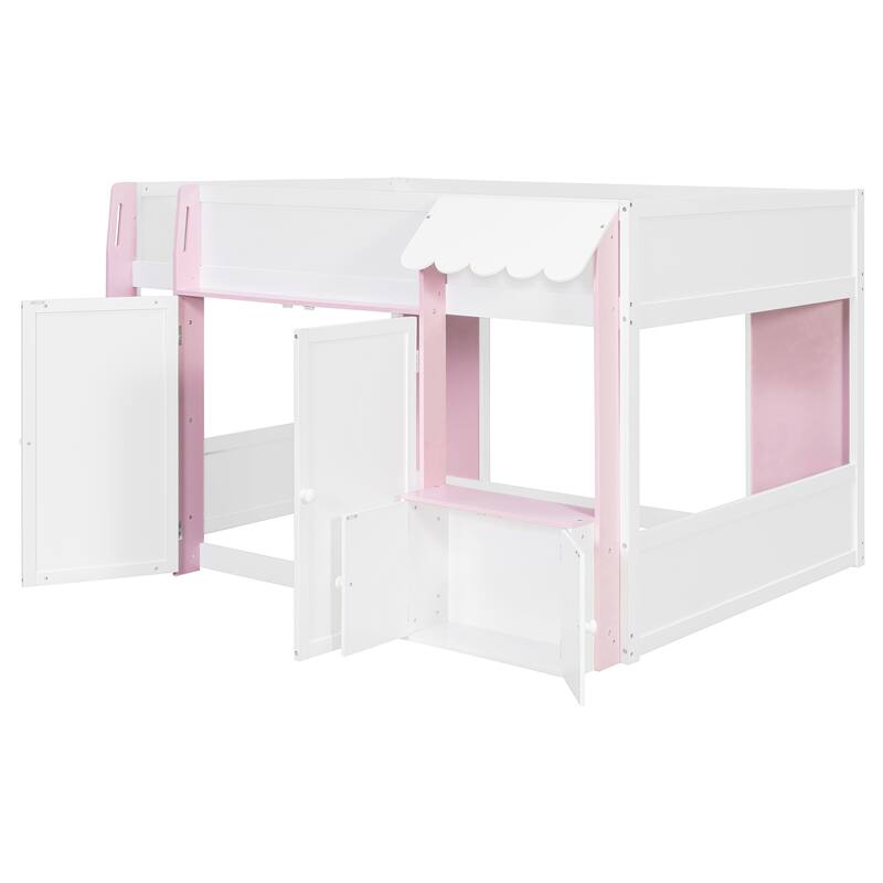 Full Size Loft House Bed with Playhouse Design & Storage, Modern Wooden Cabin Bed with Guardrails and Ladder for Kids, Teens