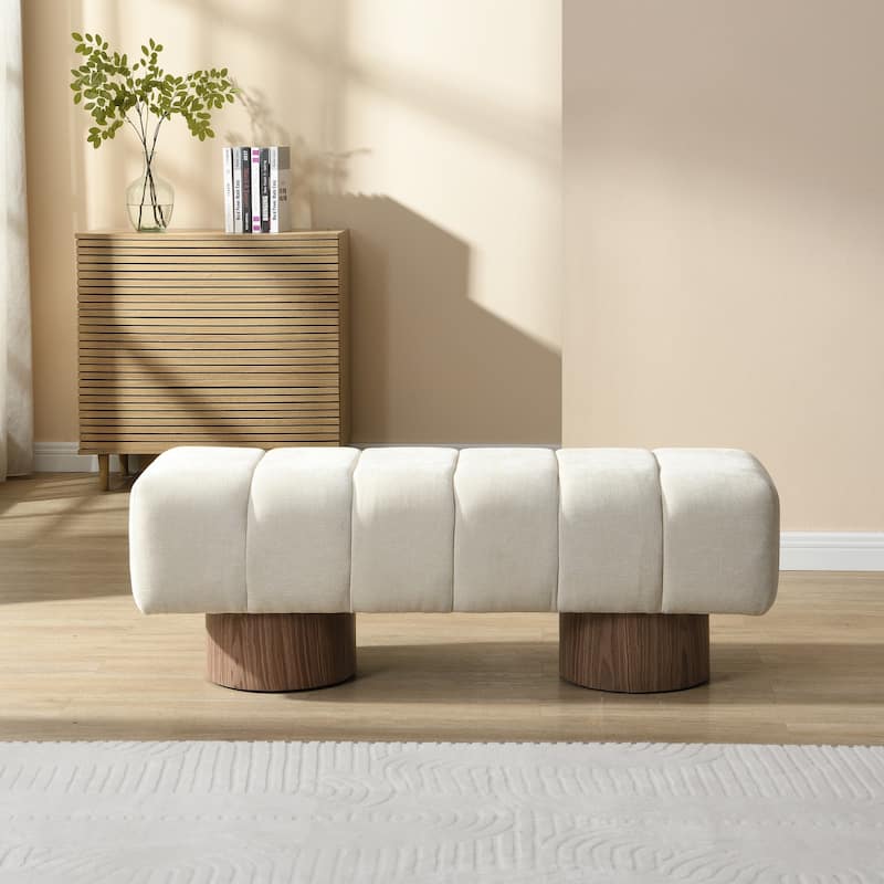 Upholstered Dining Bench with Chenille Fabric Stool Top Wood Leg for Bedroom Living Room