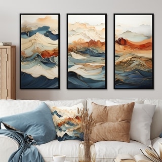 Designart "Abstract Orange And Blue RIVer Ink III" Abstract Marble Framed Art Set of 3 - Modern Wall Art Set 3 Pieces