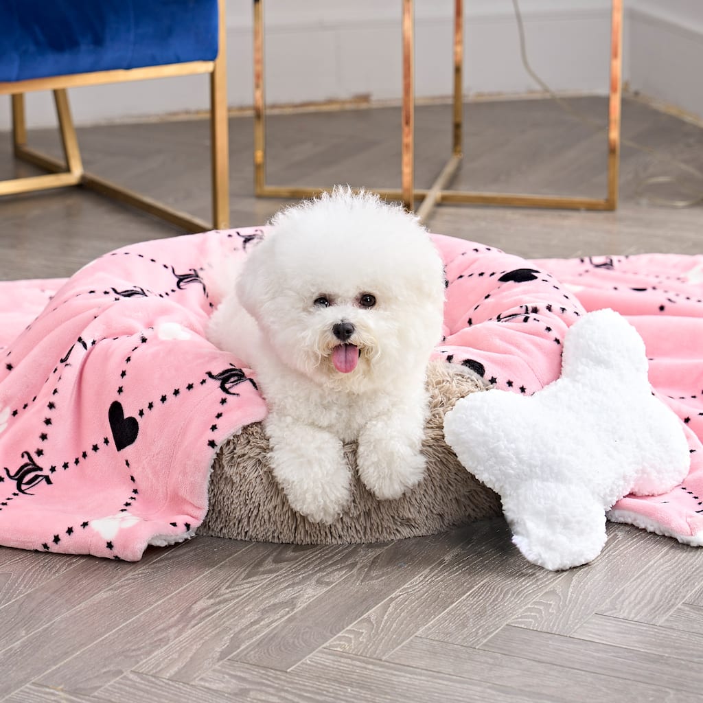 Juicy Couture Paw & Heart Plush Throw and Sherpa Bone Pillow