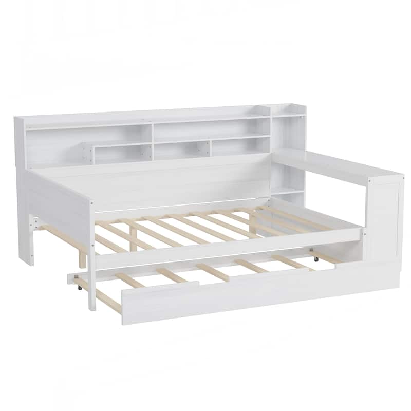 Wooden Full Size Daybed with Storage Shelves, Multi-functional Bed with Twin Size Trundle Bed