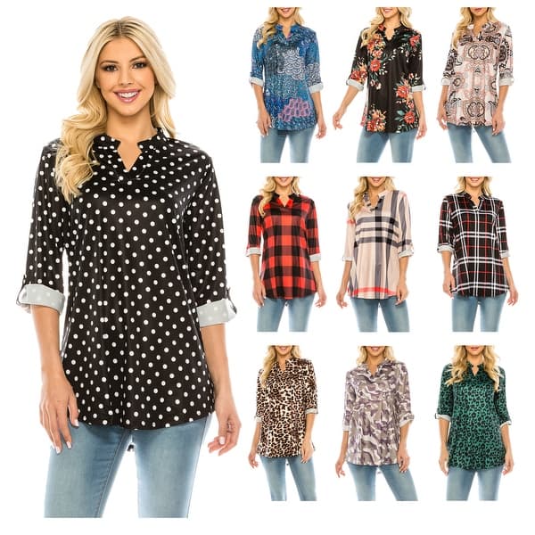 slide 1 of 56, Haute Edition Women's Pattern and Solid 3/4 Roll Tab Sleeve Blouse Tunic Tops