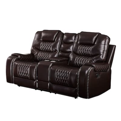 Motion Loveseat with Leatherette Upholstery and Diamond Tufts, Brown