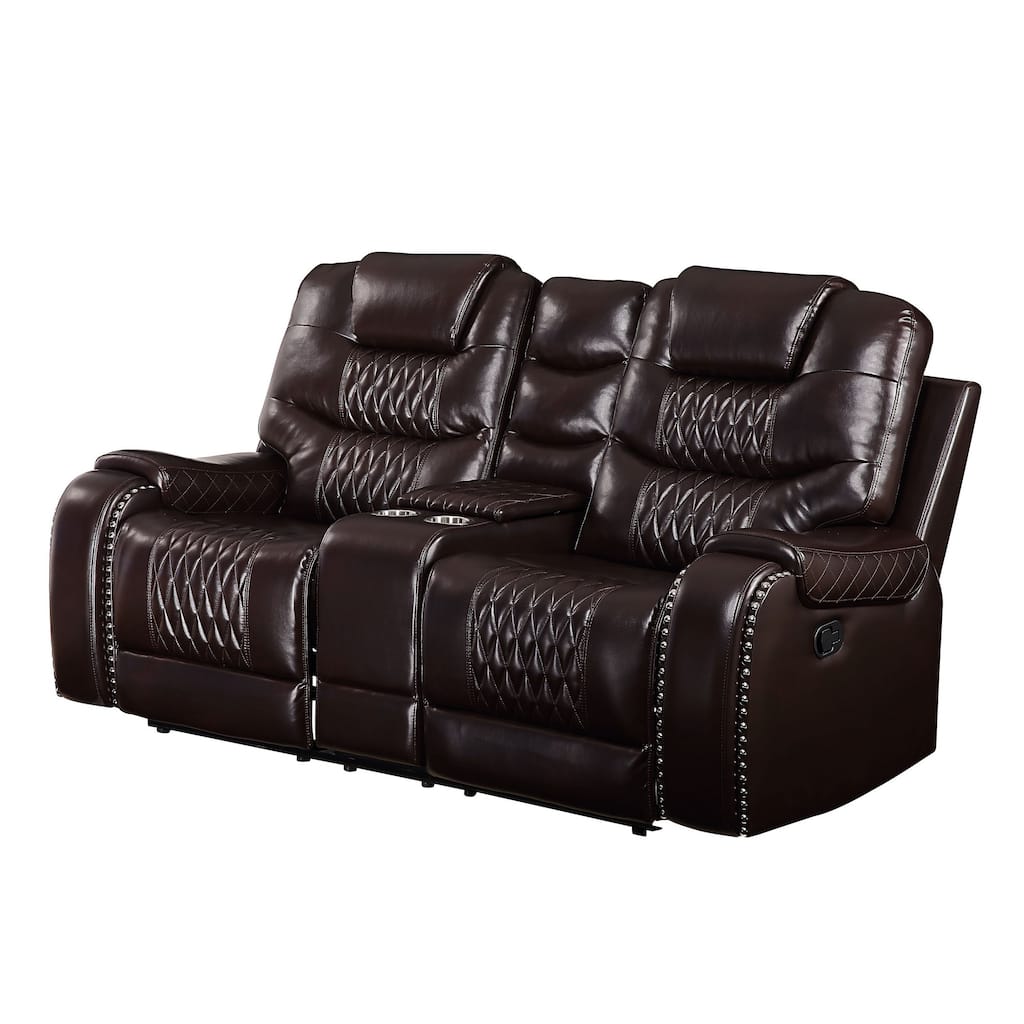Motion Loveseat with Leatherette Upholstery and Diamond Tufts, Brown