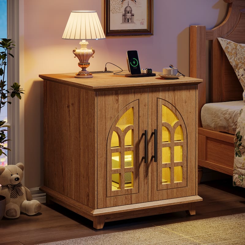 Nightstand with Charging Station, Wooden Bedside Table with LED Light - Brown(1PC) 