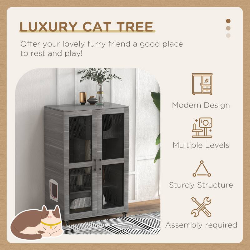 PawHut Luxury Cat House with Wheels, Kitty Cage Catio Villa - Gray