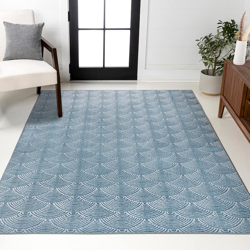 JONATHAN Y Cole Geometric Art Deco Fan Pattern High-Low Rug - 5 X 8 - Navy/Cream