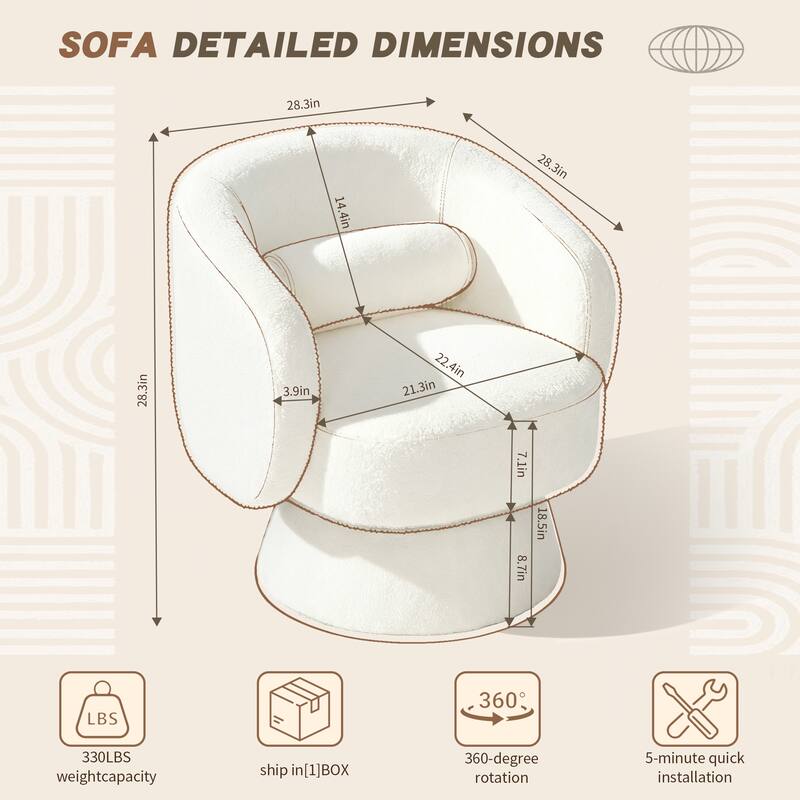 360° Swivel Accent Chair, Round Barrel Upholstered Armchair with Lumbar Cushion