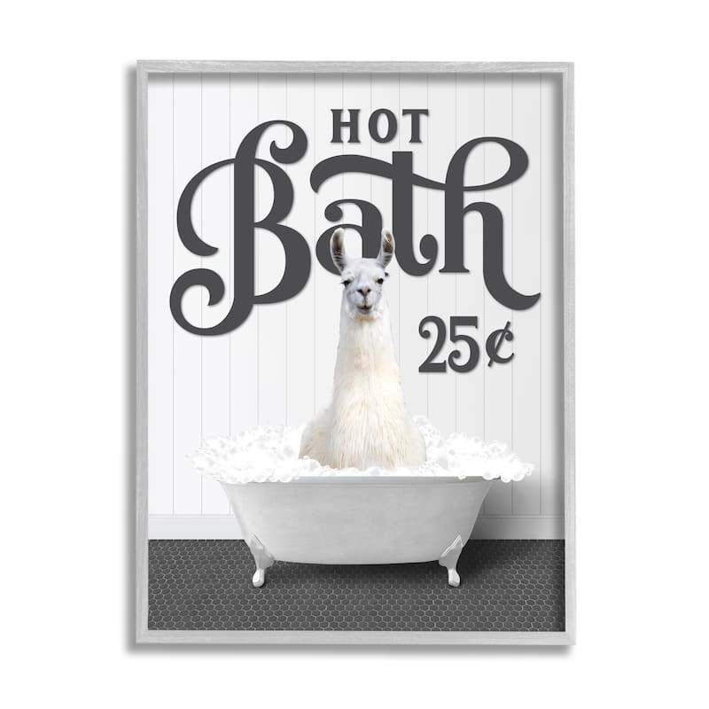 Stupell Vintage Hot Bath Llama Framed Giclee Art Design by Lettered and Lined - 11 x 14 - Grey