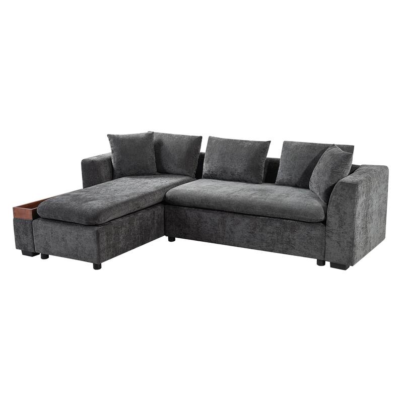 L-Shaped Sectional Sofa with Chaise Lounge, Chenille Upholstered Sleeper Couch with Wooden Storage Compartment & Throw Pillows