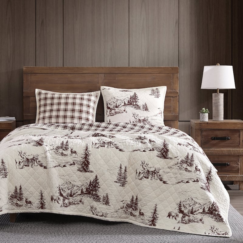 Paseo Road White Pine Toile Rustic Cabin Bedding 3 Piece Reversible Quilt Set
