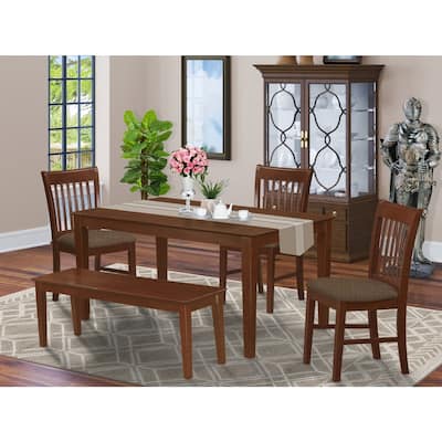 HomeStock 5-Piece Rectangle Mahogany Finish Solid Wood Top Dining Table with 2 Benches, 2 Chairs