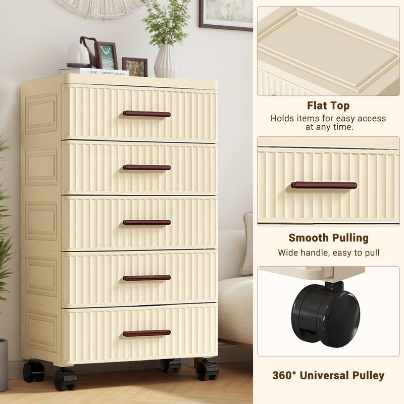 Plastic Drawer Storage 18.9" Wide Plastic Chest Of Drawers For Bedroom Fluted Design Storage Organizer Cart With Wheels