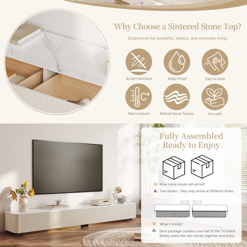 94.5-142" Modern TV Stands, White Glossy Sintered Stoe Table top Media Console with 4-6 Drawers for Option