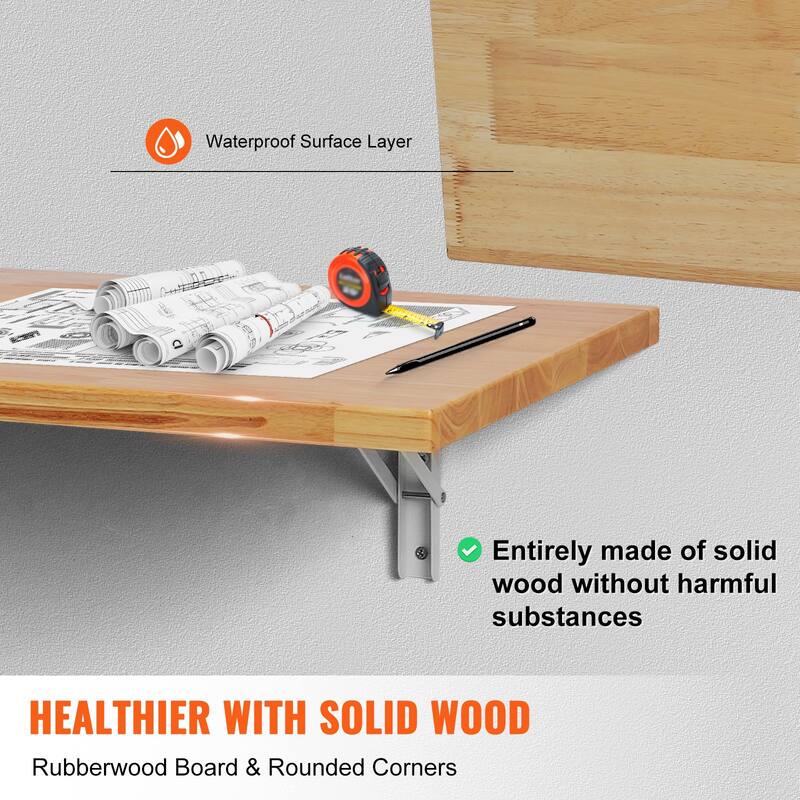 Natural Rubberwood Folding Desk, Wall Mount, 500 lbs Load Capacity and Space Saving