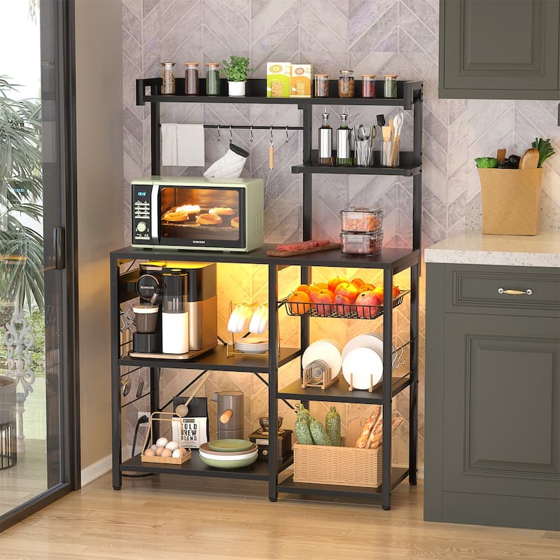 Bakers Rack with Power Outlet and LED Light Strings, Kitchen Storage Shelf
