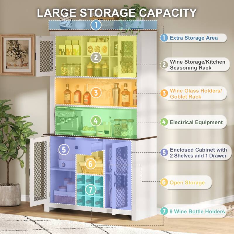 Rustic 70.9" Kitchen Hutch Pantry with LED Lights, AC/USB Outlets, Wine Bottle Rack, Glass Storage and Adjustable Shelves