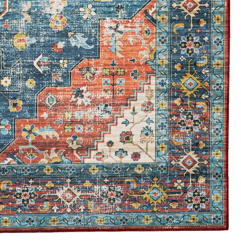 Markum Machine Washable Teal and Rust Area Rug