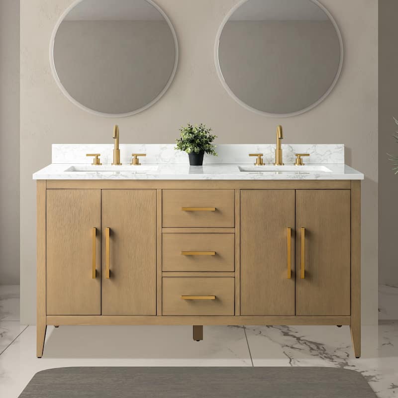 Vanity Art 60" Double Sink Bathroom Vanity Cabinet with Engineered Marble Top - 60"/Golden Brushed Handle - Natural Oak