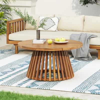 Outdoor Acacia Wood Patio Coffee Table, Round Coffee Table for Backyard, Lawn, Balcony