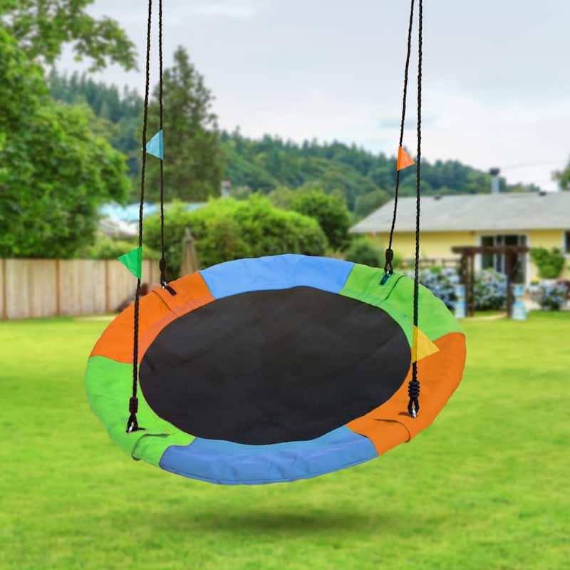 Saucer Tree Swing in Multi-Color Rainbow – Kids Indoor/Outdoor Round Mat Swing – Accessories Included (Round – 24”)