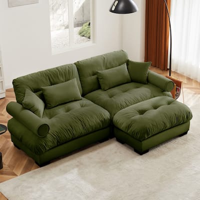 93.7" Velvet Sofa Set with Ottoman for Living Room, 2 Seat Upholstered Couch with Round Arms and Pillows for Bedroom, Office