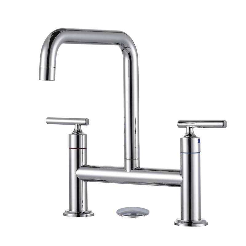 WOWOW Double Handle Bridge Faucet with Kitchen Sink Hole Cover - Polished Chrome