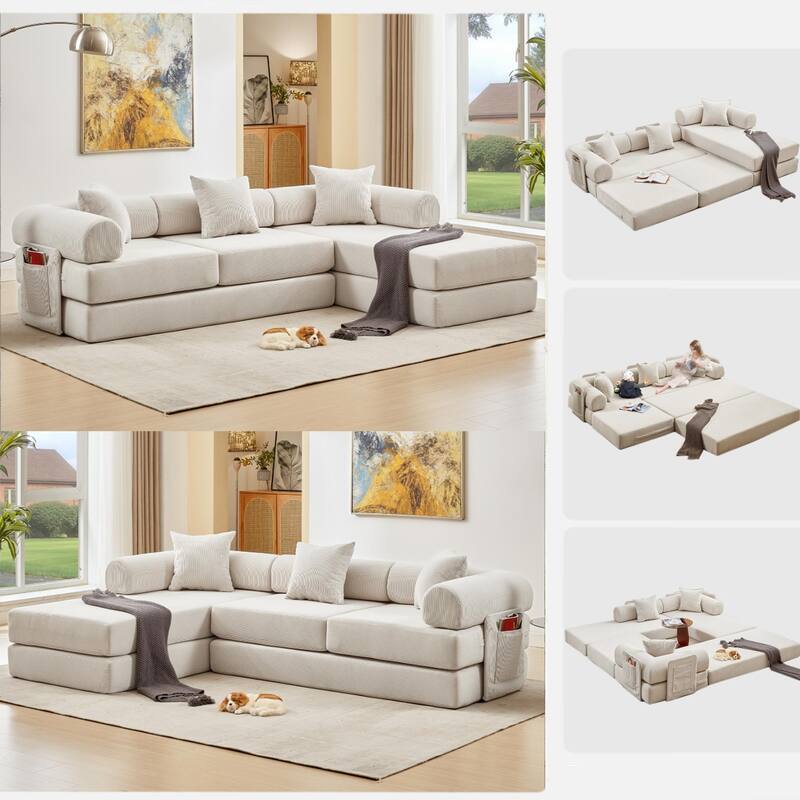 Versatile 7-in-1 Modular Folding Sectional Sofa with Chaise Convertible Corduroy Sleeper Sofa Bed with Removable Storage Bags - Beige