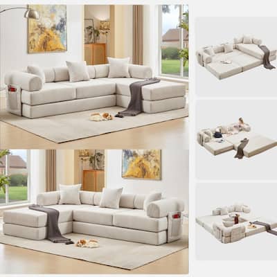 Versatile 7-in-1 Modular Folding Sectional Sofa with Chaise Convertible Corduroy Sleeper Sofa Bed with Removable Storage Bags