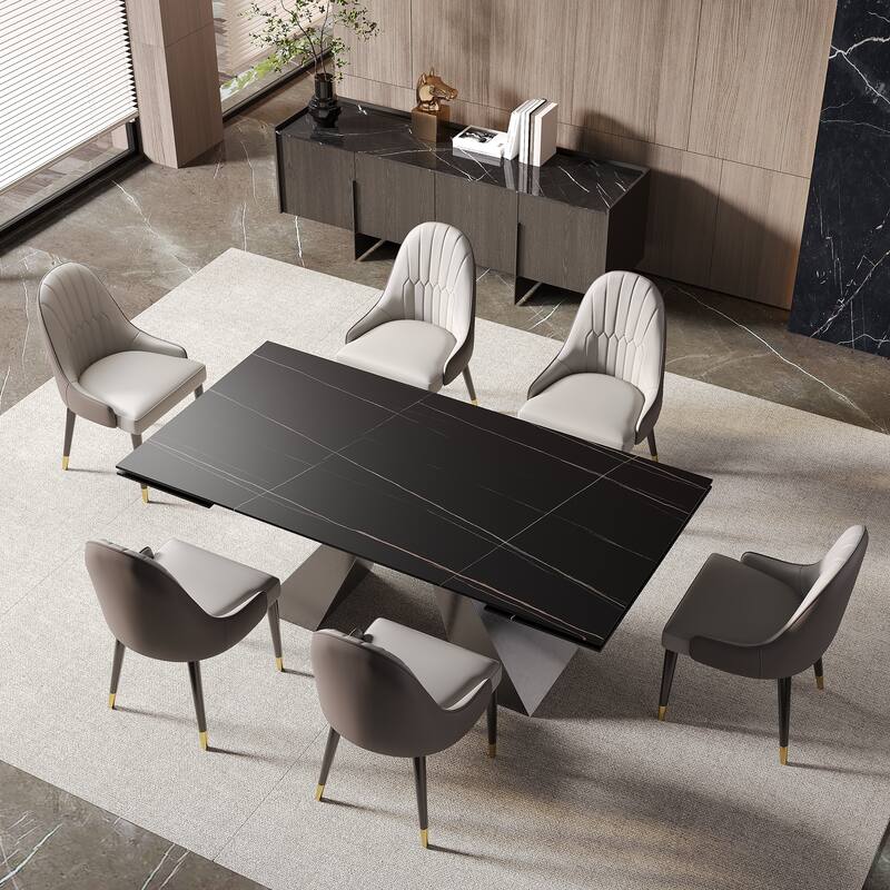 9 - Piece 110.24'' Extendable Sintered Stone Dining Table and 8 Leather Chairs Dining Set