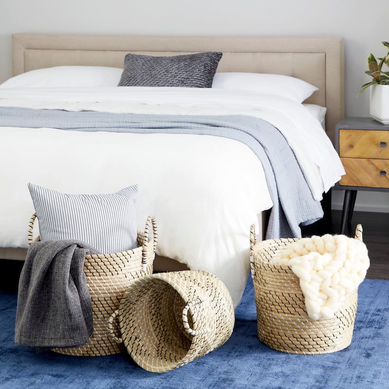 Seagrass Handmade Two Toned Storage Basket with Handles - Set of 3 Beige - Roche River Decor - 14"W x 20"L x 19"H