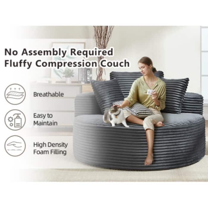 Round Memory Foam Sofa Bed, Cloud Sectional Couch with 3 Pillows for Living Room